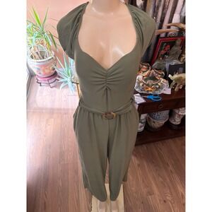 Derek Heart Olive Green Belted Wide Leg Jumpsuit Large Ruched Sweetheart Neck